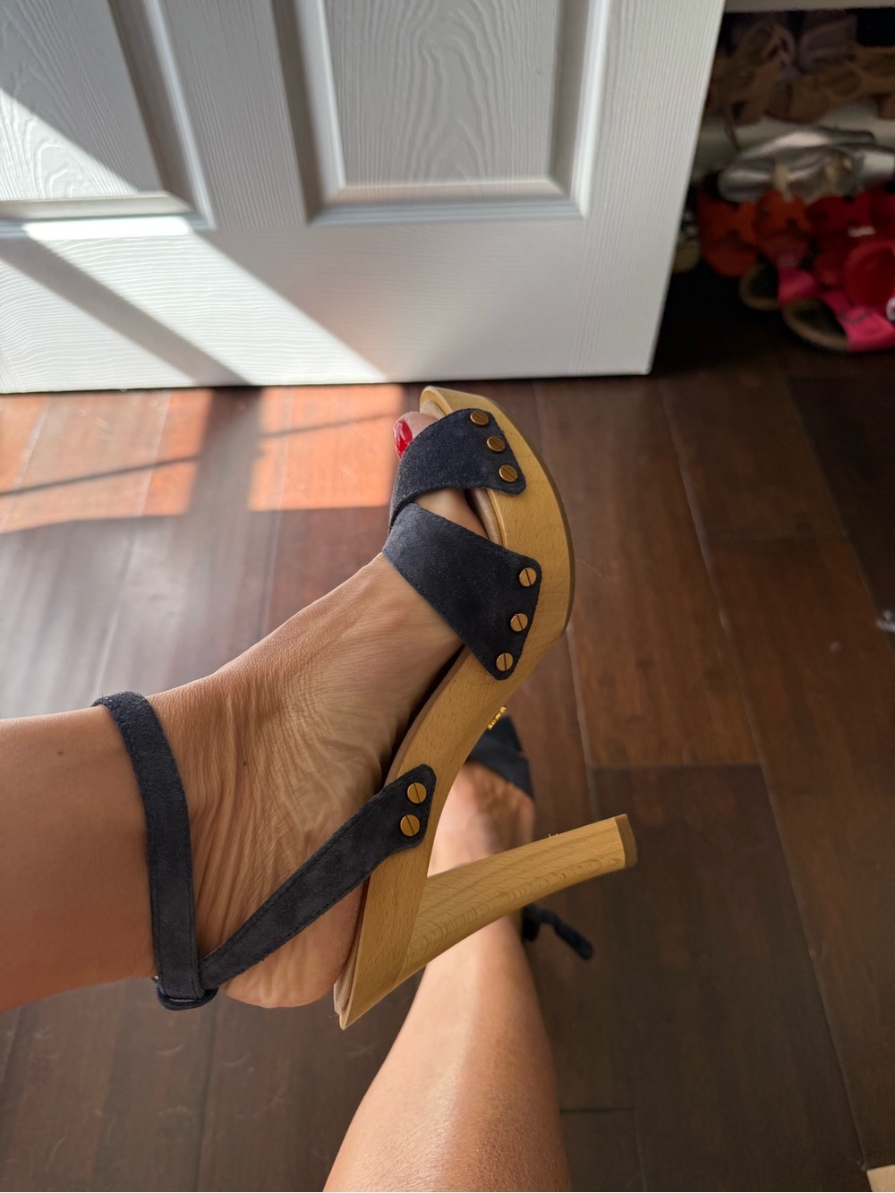 Veronica Beard Black Suede Ankle-Strap Platform Sandals with Wood-Look Heel